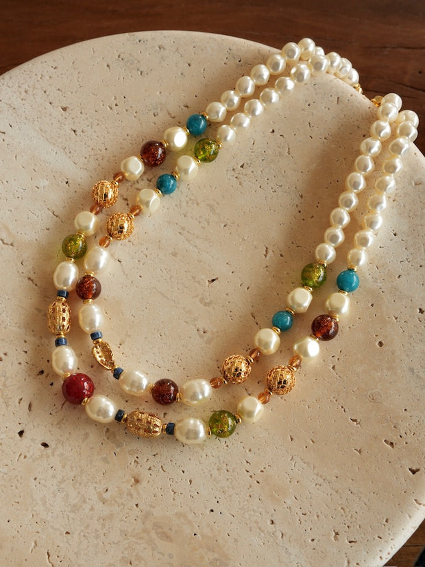 vintage colored double-layer glass pearl necklace