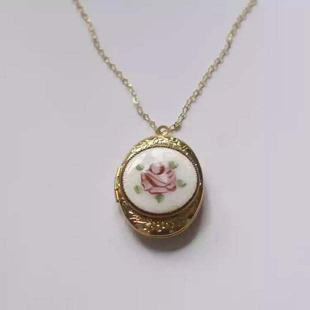 pink old glass antique photo box pendant necklace