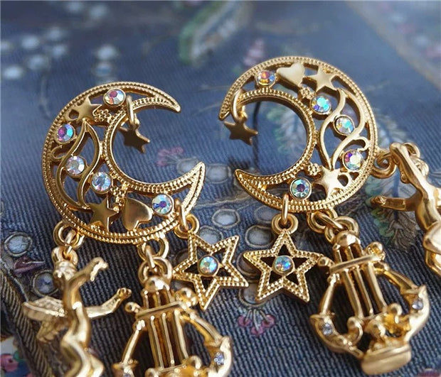 vintage little angel star gold-plated crystal tassel earrings