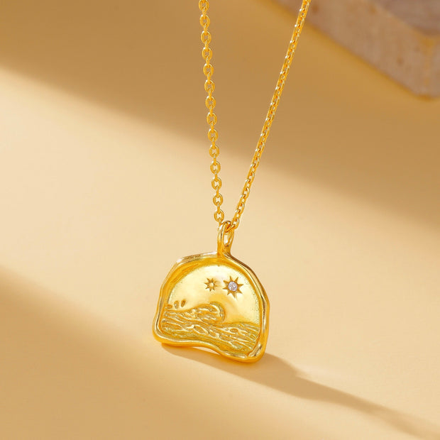 Textured Half Moon Star Ocean Pendant Necklace - 18K Gold Vermeil