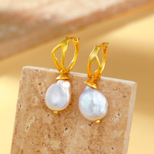 Keshi Pearl Hoop Drop Earrings - 22K Gold Vermeil