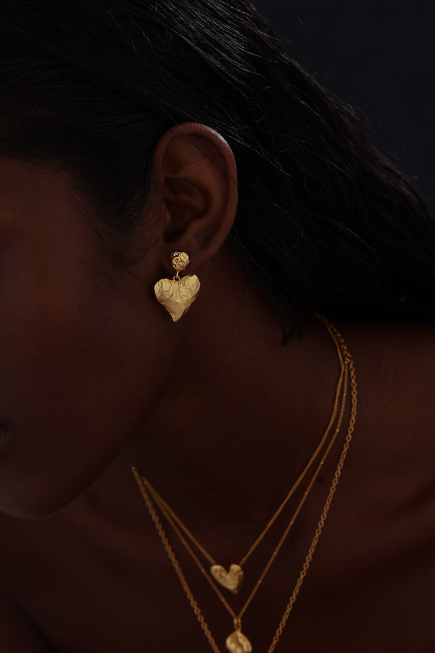 Textured Heart Drop Earrings - 18K Gold Plated