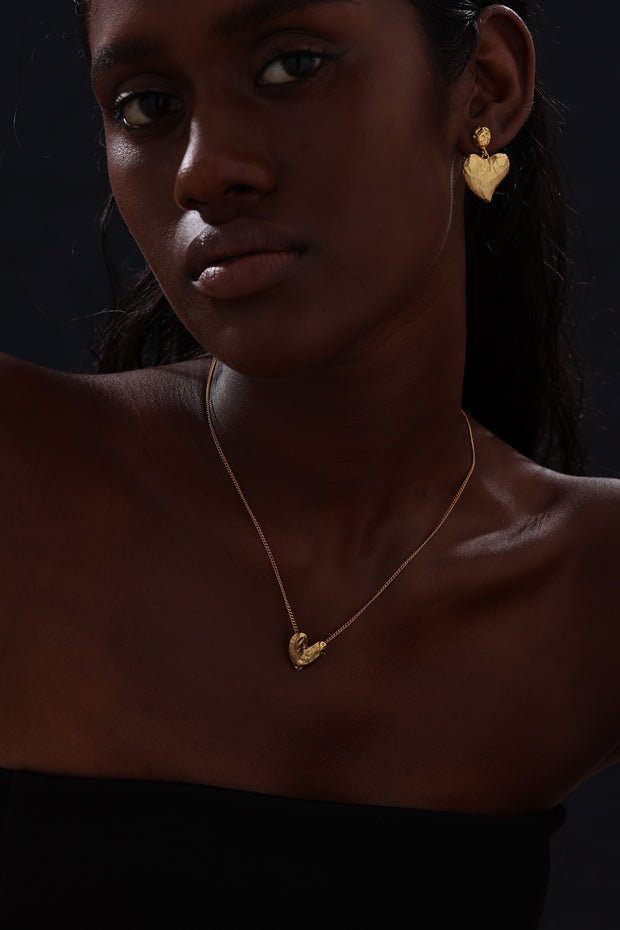 Textured Heart Drop Earrings - 18K Gold Plated