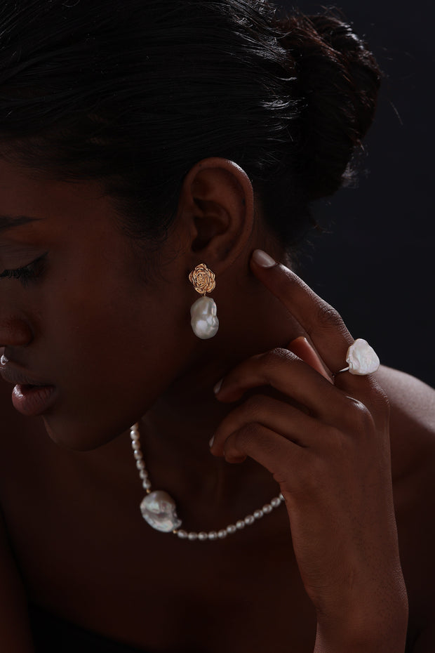 Baroque Pearl Rose Stud Drop Earrings