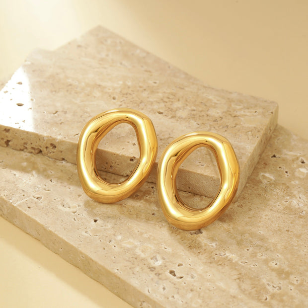 Oval Wave Stud Earrings - 18K Gold Plated