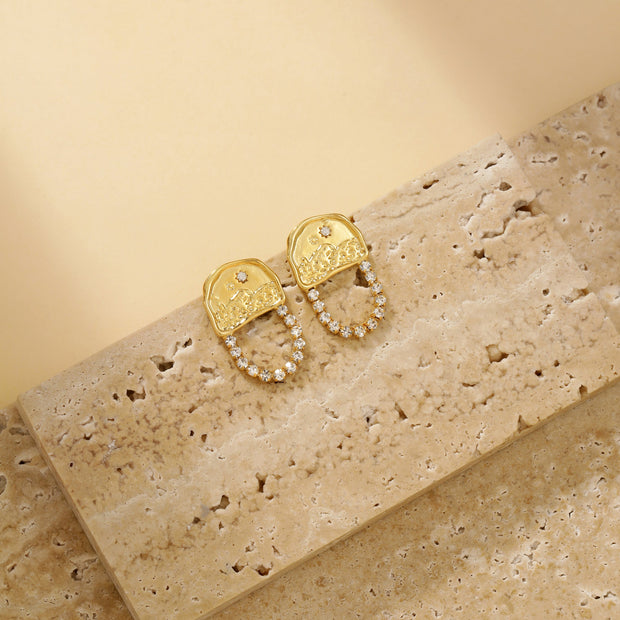 Textured Half Moon Star Ocean Drop Earrings - 18K Gold Plated