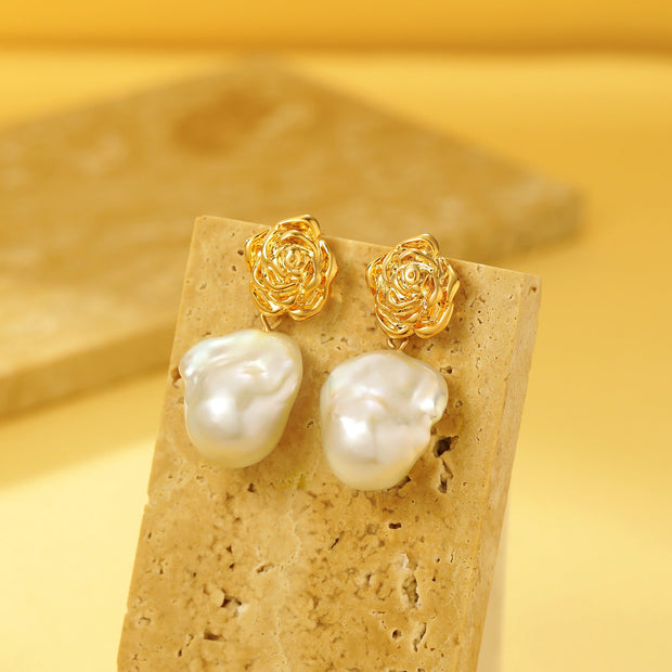 Baroque Pearl Rose Stud Drop Earrings