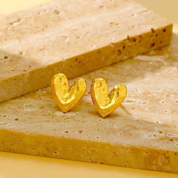 Textured Heart Stud Earrings - 18K Gold Plated