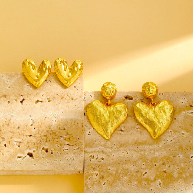 Textured Heart Drop Earrings - 18K Gold Plated