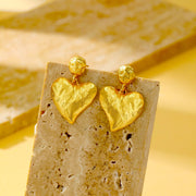 Textured Heart Drop Earrings - 18K Gold Plated