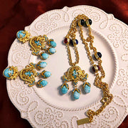 vintage gold plated blue tassel silver earrings and necklace set