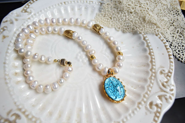 Blue glass opal pearl necklace