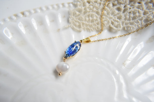 Blue glass opal pearl necklace