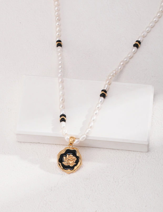 Camellia Enamel Pearl Necklace